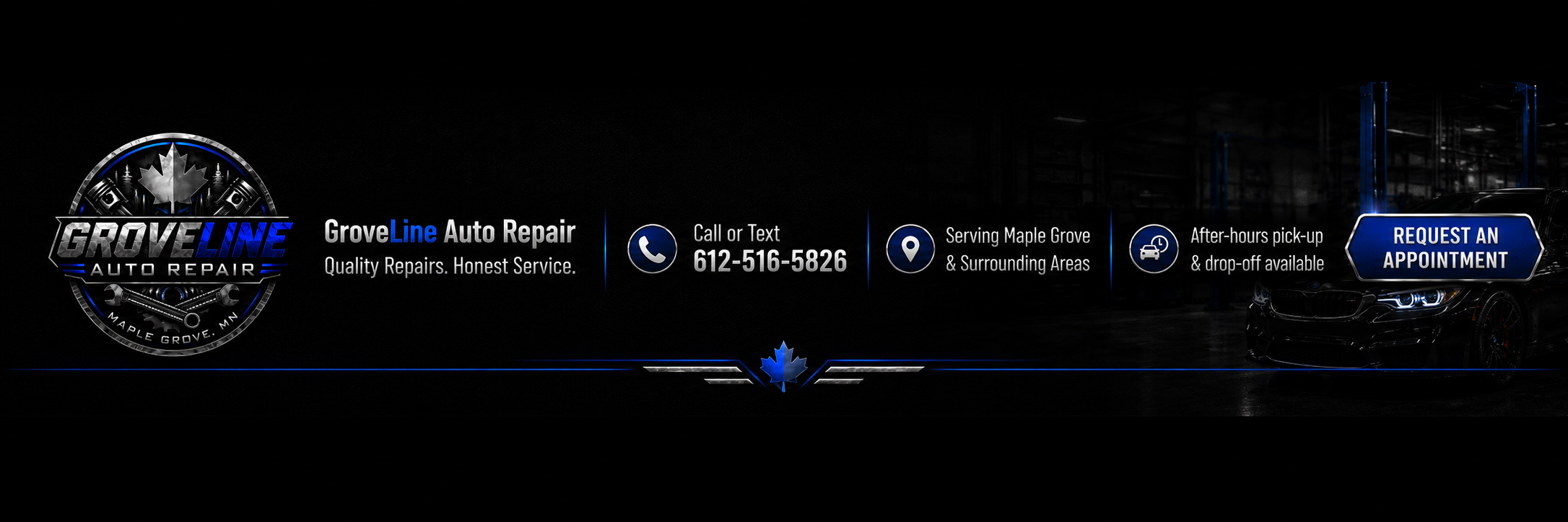 GroveLine Auto Repair footer with phone and service area